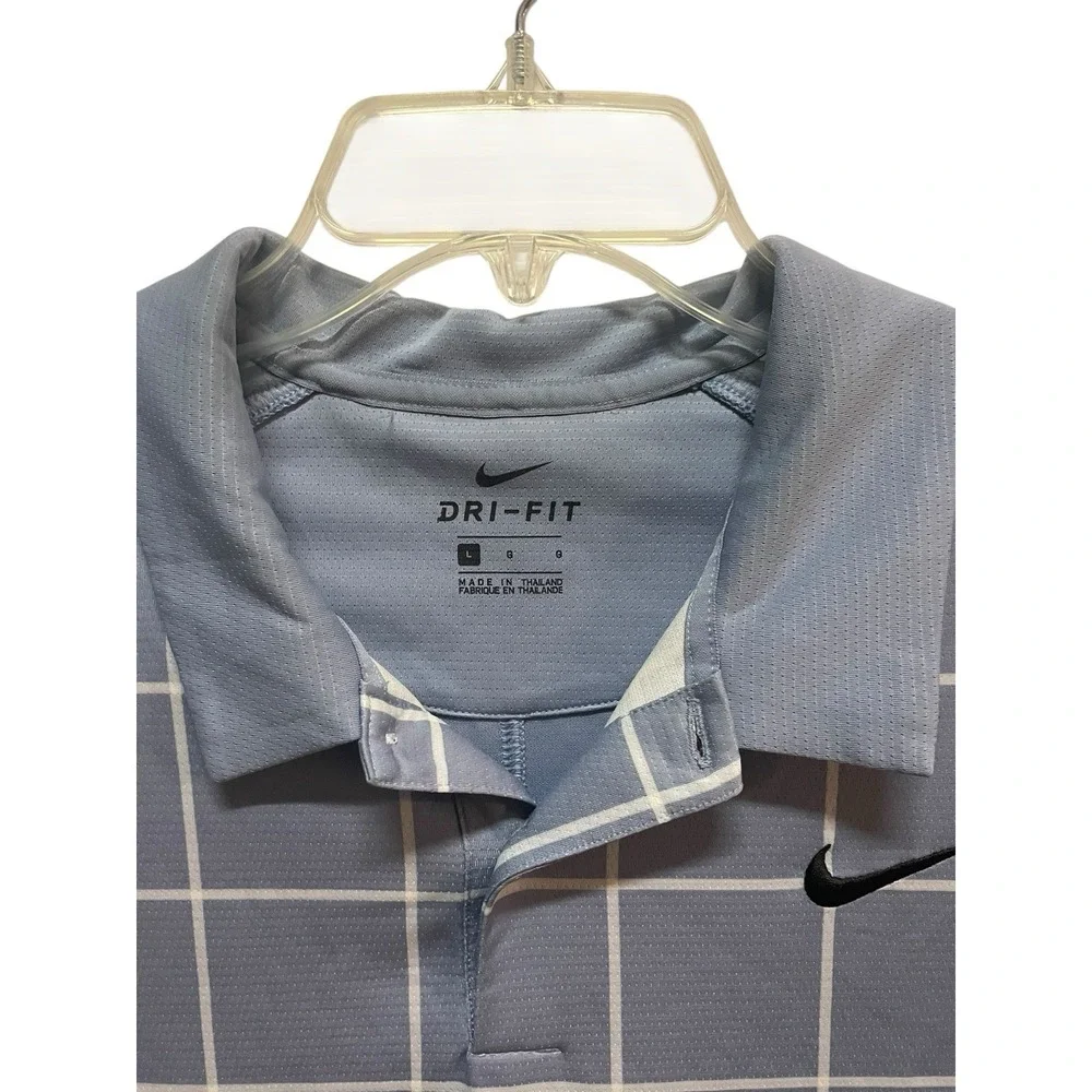 Nike Dri-FIT Men's Golf Polo‎ Large Blue White Check Performance Shirt